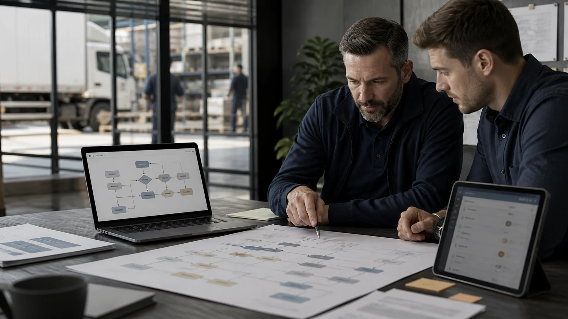 Two colleagues reviewing a printed process map and a laptop in a modern office