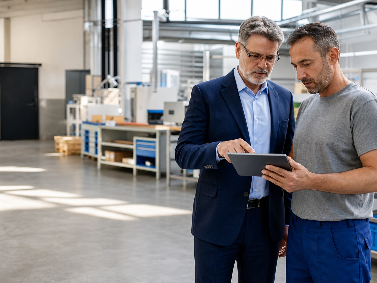 A Padrino implementation consultant and a floor technician reviewing operations together on a tablet